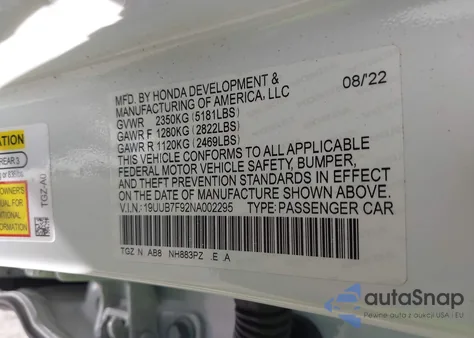 2022 Acura Tlx Type S - Hp Wheel And Tire z USA, uszkodzony, nr VIN 19UUB7F92NA002295